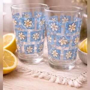 Vintage Libbey Floral Highball Glasses Set Blue Daisy Retro Drinking Glass